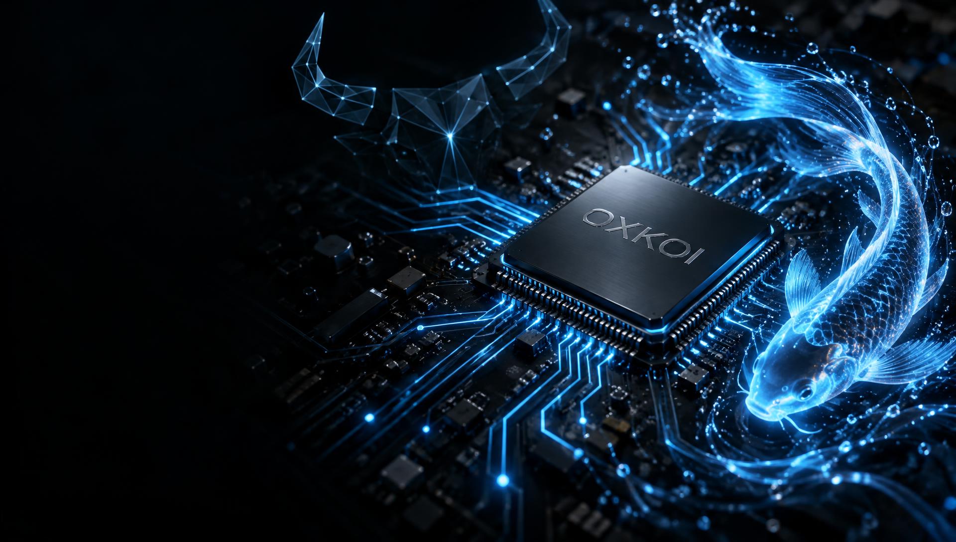 OXKOI processor surrounded by glowing circuitry, a light-formed koi and angular ox geometry